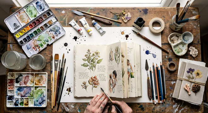 Top view of artist hands painting botanical illustrations in sketchbook on messy wooden desk. Watercolor palettes, acrylic paint tubes, brushes, ink and fountain pen on art table. Creativity concept.