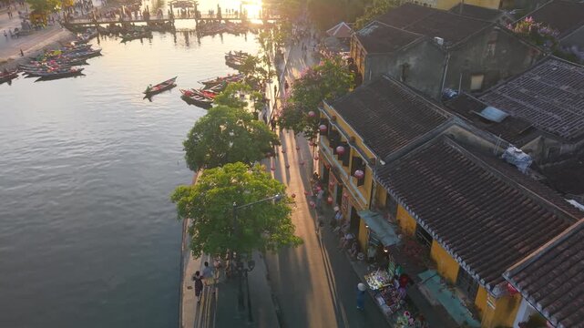 Aerial panoramic view of Hoi An city, Da Nang province, Vietnam. Panoramic footage of Hoian ancient town, UNESCO world heritage. One of the most travel popular touristic destinations 