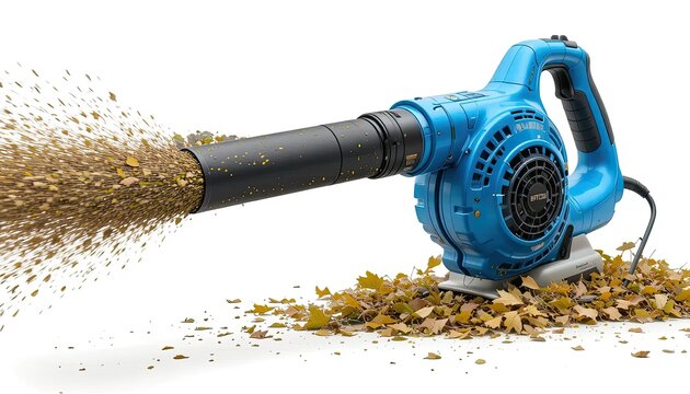 A blue leaf blower with a black nozzle blowing yellow leaves isolated on white background for gardening and yard work