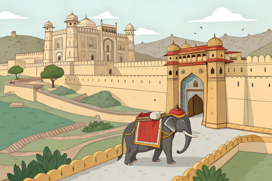 Amer Fort Jaipur with elephant ride and royal architecture  detailed vector art