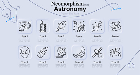 Astronomy set icon. Shooting star, rocket launch, spaceship, planets, constellation, galaxy, alien, meteor, radar, moon, satellite, flag planet, space exploration, science, universe © Anastasia