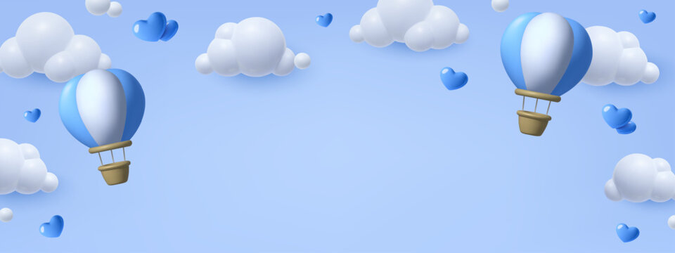 3D Hot air balloon background with blue hearts and clouds. Vector illustration