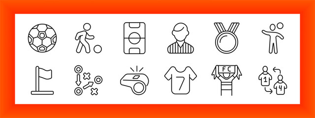 Football soccer set icon. Ball pattern, player dribble, field layout, referee figure, medal award, throw action, corner flag, tactic scheme, whistle tool, jersey number, fan scarf © Anastasia