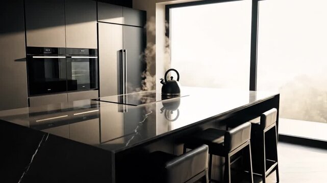 Modern dark-toned kitchen interior featuring a black marble island with an induction stove, a steaming kettle, three bar stools, built-in ovens, and floor-to-ceiling windows.