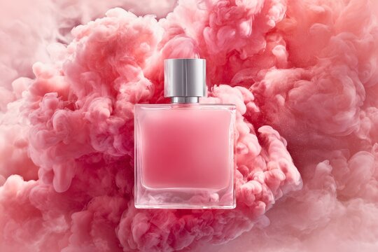 Glass perfume bottle surrounded by dense swirling pink ink clouds with fragrance