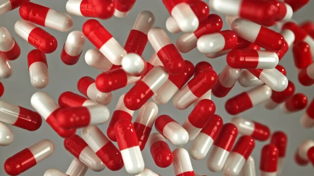 Dense red white capsules covering frame in a clinical heap bulkpacked Filmed on a high-speed camera at 1000 fps.