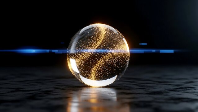 Glowing glass sphere with reflection.