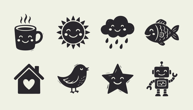 Cute Hand Drawn Black Silhouette Icon Set with Sun Robot Bird and Coffee Cup