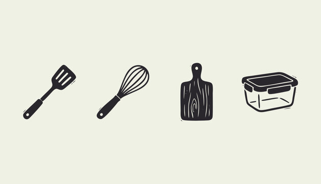 Hand drawn kitchen utensils icon set with spatula whisk cutting board and food container