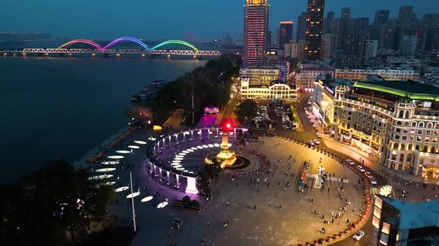 Aerial view of Harbin People's Flood Control Victory Memorial Tower in the downtown of Harbin city.