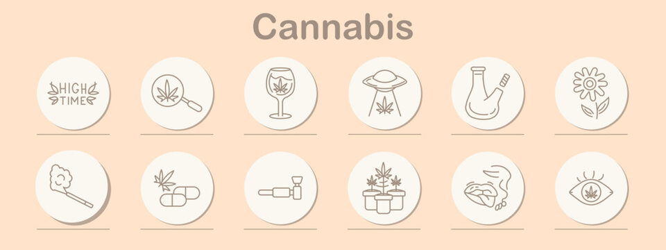 Cannabis set icon. Line symbols depict text sign, magnifier leaf, wine glass leaf, flying saucer leaf, bong flask, flower plant, smoking joint, capsule pills, vaporizer device, potted plants, edible