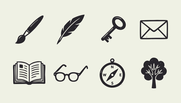 Set of black hand drawn vintage icons with book compass paintbrush and quill