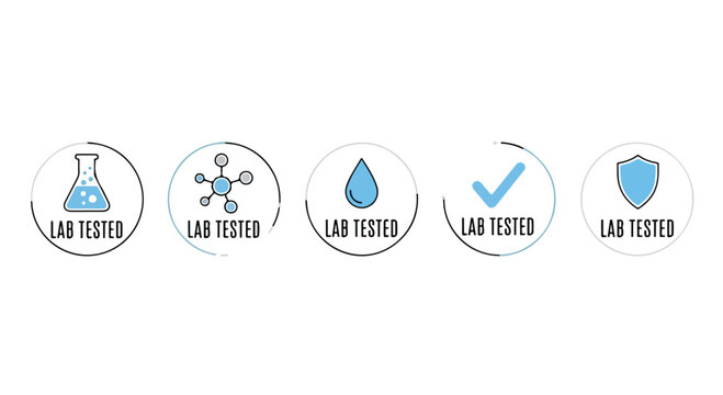 Lab tested quality badges, set of 5 blue science icons for product packaging, laboratory certified seal collection, professional safety and purity symbols