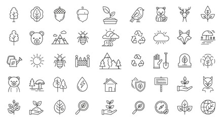 Nature and Environment Icons Collection: Leaves, Animals, Plants, Recycling, Weather © Mahkota