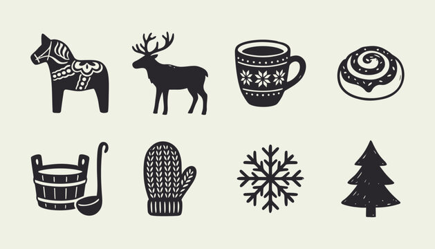 Set of black Scandinavian folk art icons including reindeer dala horse and snowflake
