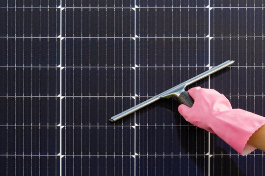 Woman hand in pink rubber protective glove holding squeegee with rubber blade and cleaning dark black solar panels. Closeup. Front view.
