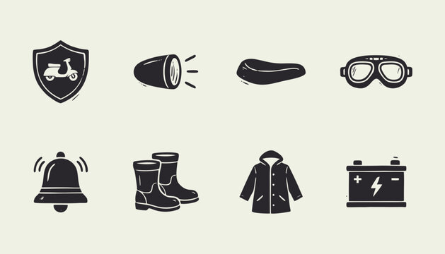 Hand drawn motorcycle and scooter accessories icons set including boots goggles and battery
