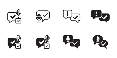 Fototapeta premium Collection of messaging icons featuring speech bubbles with microphones and checkmarks representing verified voice communication and audio messaging.
