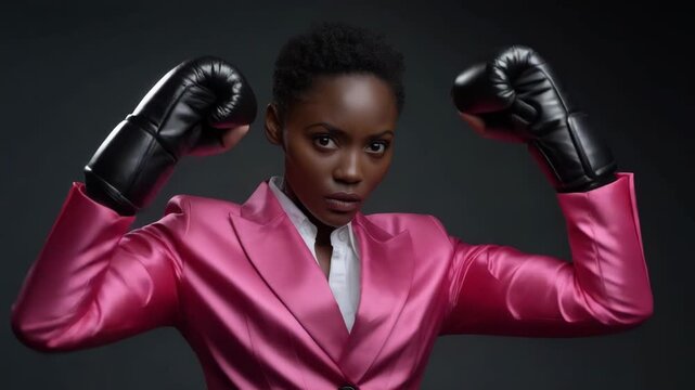 Empowered Black Woman in Pink Satin Blazer Sporting Boxing Gloves Achieving Strength