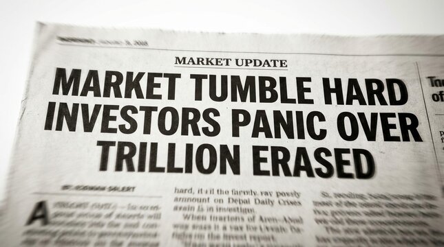 Market tumble, investor panic, stock market crash concept with newspaper headline about trillions erased.