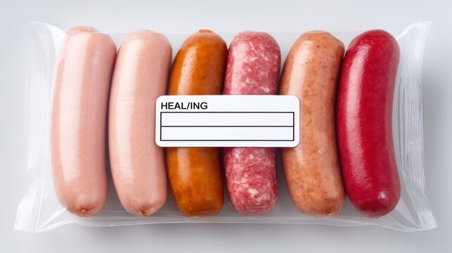 Packaged Sausages Packaged assorted sausages in clear plastic with a blank label, showcasing various types and colors.