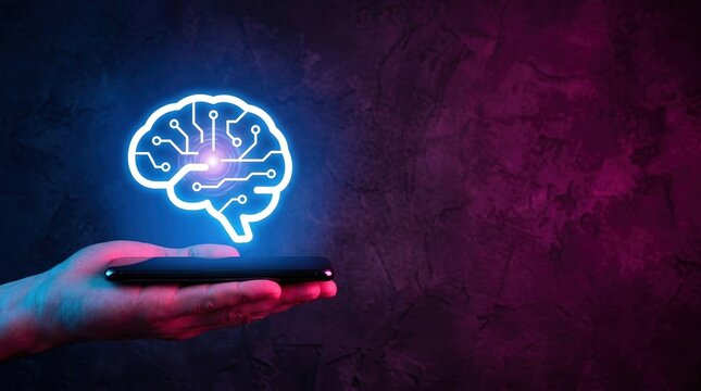 AI cloud, artificial intelligence, cloud computing concept with hand holding glowing AI brain in digital space.