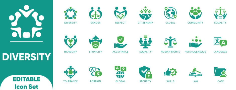 Diversity and Inclusion Icon Set. acceptance, community, difference, diverse, diversity, equity, ethnicity, global, and solid icons. 
