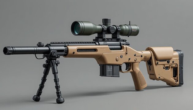 A tan and black rifle with a scope on a bipod against a gray background, showcasing a modern firearm design and its accessories