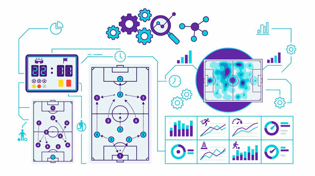 Soccer data analytics infographic with football tactical formation board scoreboard and heatmap chart vector