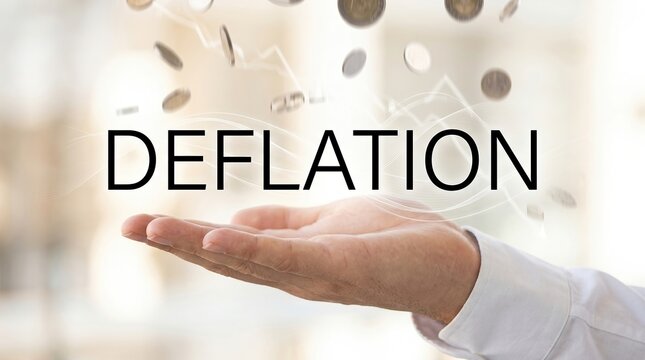 Deflation, economy, falling prices concept with hand holding deflation text and floating financial symbols.