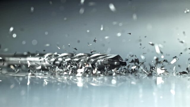 Close up metal drill bit surrounded by sparkling shavings, cinematic Filmed on a high-speed camera at 1000 fps.