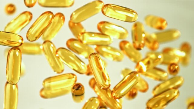 Golden softgel capsules shimmering in warm light, omega supplement Filmed on a high-speed camera at 1000 fps.