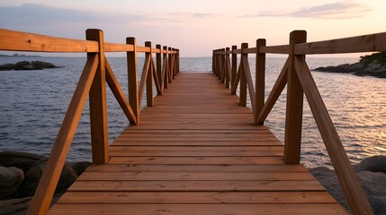 Fototapeta premium A scenic wooden walkway extends over the water bathed in the warm serene light of the golden hour sunset