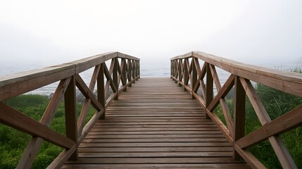 Obraz premium A serene wooden walkway stretches into the distance through a misty atmospheric forest setting