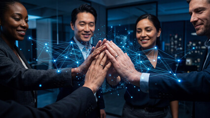 Fototapeta premium Diverse business team joining hands with digital network connection lines in modern office