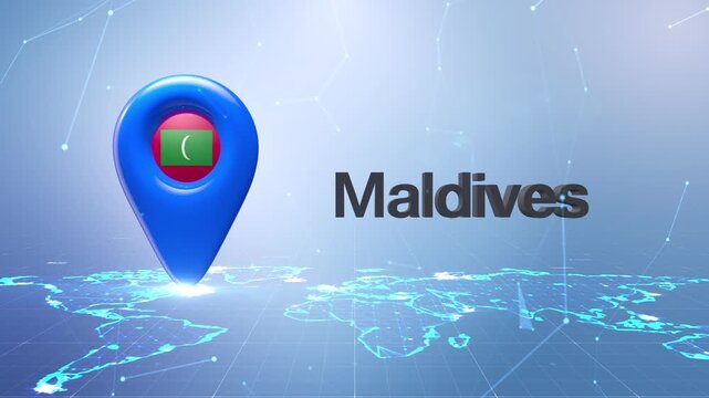 Maldives Flag Inside Location Pin On Digital World Map Animation