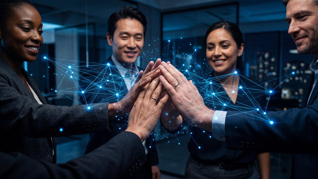 Diverse business team joining hands with digital network connection lines in modern office