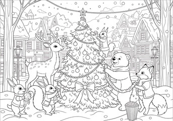 Fototapeta premium Christmas Animals Decorating Tree Coloring Page