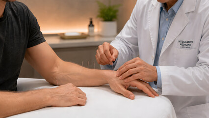 Fototapeta premium Professional Acupuncture Therapy on Hands and Arms of European Male Patient, Medical Wellness Photography