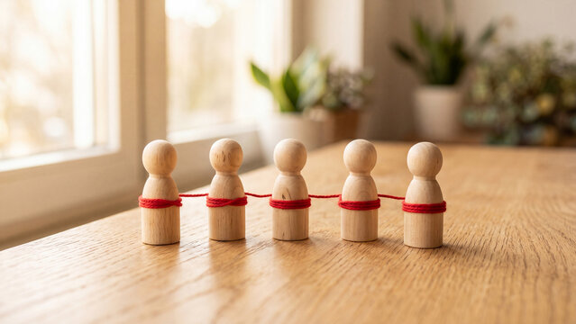 Wooden peg dolls connected by a red string representing teamwork and unity concept