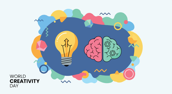World Creativity Day banner with lightbulb and human brain, colorful abstract fluid shapes for creative thinking, innovative idea concept vector