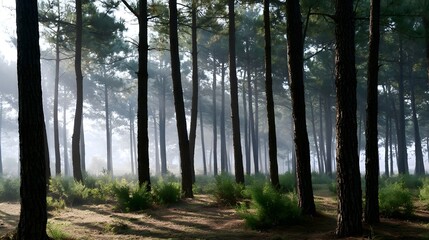 Fototapeta premium A tranquil pine forest scene bathed in soft morning light and atmospheric mist
