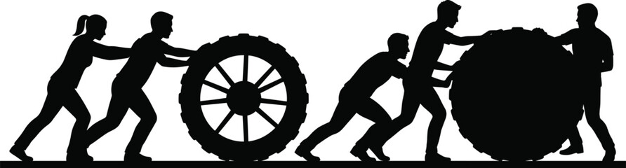 People Pushing Large Tractor Tires Silhouette Illustration Representing Teamwork Strength Fitness Training and Cooperation Concept © MSTALIFNUR