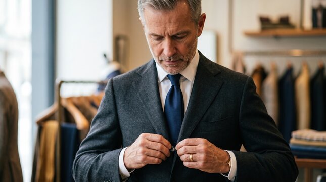 Man in a tailored suit buttoning his jacket in a formal wear store with dark tie dressing up well dressed older man