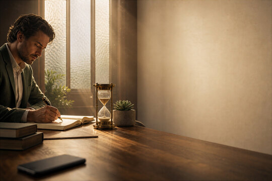Corporate digital detox workspace with professional writing at wooden desk, fountain pen, vintage hourglass and succulent in golden-hour light emphasizing analog productivity and workplace wellness