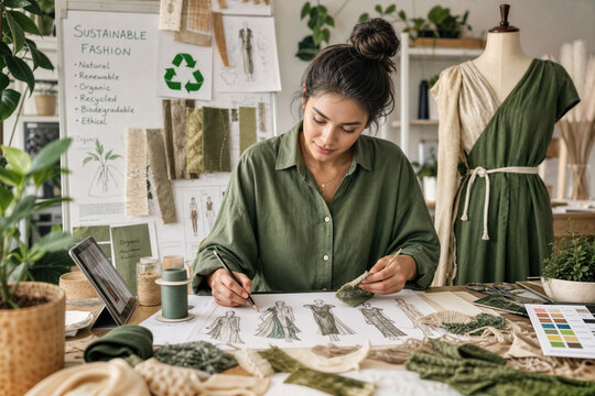 Innovative textile designer creating sustainable fashion concept sketches and eco fabric samples studio moodboard recycled organic biodegradable materials ethical design process for collection