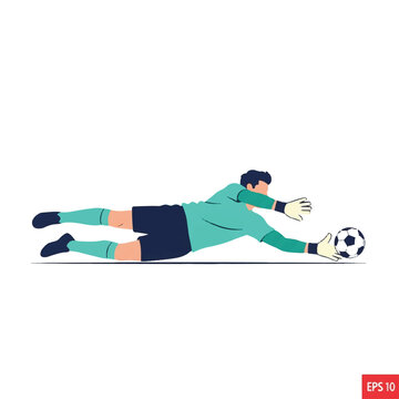 A goalkeeper lunging horizontally across the ground to save a low shot, hands reaching for the ball, minimalist flat vector artwork, clipart style, absolute solid block colors, extremely sharp