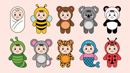 Fototapeta premium Collection of ten cute cartoon baby characters wearing various animal costumes for kids design