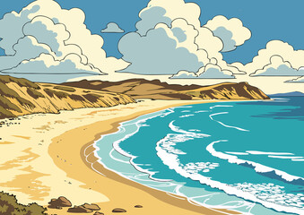 Peaceful Sunny Beach Landscape Illustration Artwork With Golden Sand Calm Blue Ocean Waves Tropical Scene Concept © TRTASFIQ