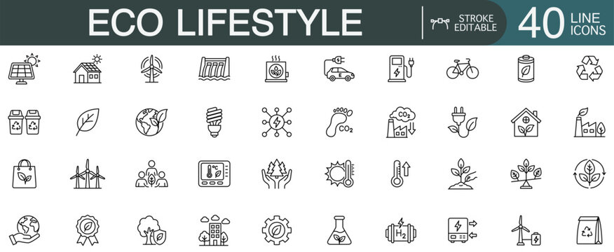 Eco lifestyle editable stroke line vector icon set featuring sustainable living, green consumerism, and environmental conservation habits.